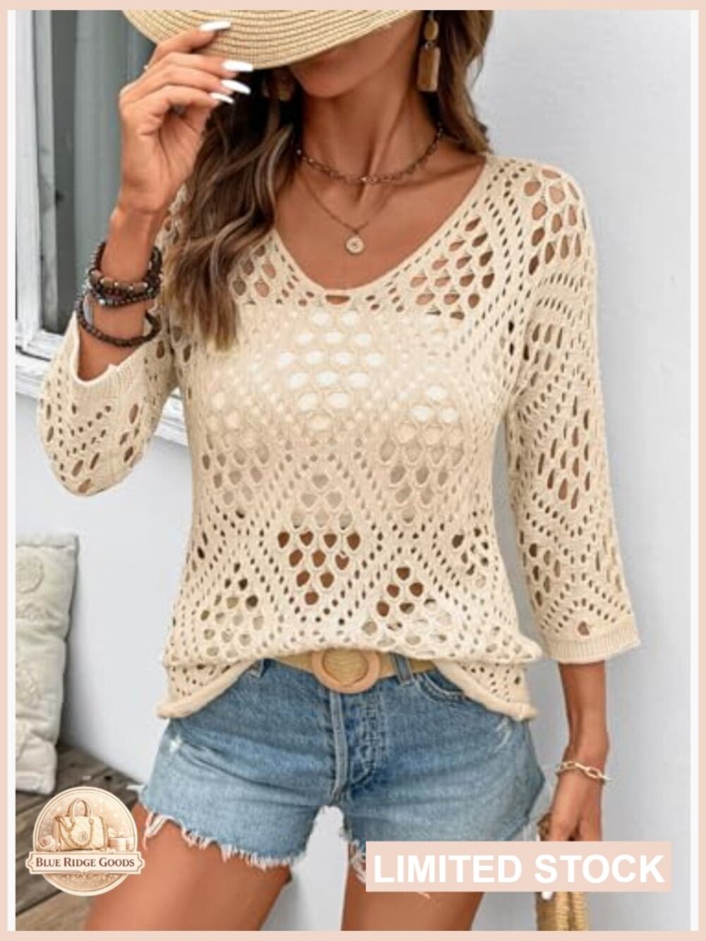 Crochet Hollow Out V-Neck Pullover Sweater Lightweight Boho Beach Cover Up 3/4 - Picture 2 of 7